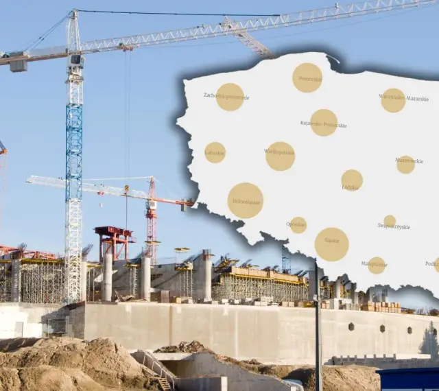 Budowa w aglomeracji, mimo wysokich cen działek (1000 zł/m²), to klucz do sukcesu deweloperów. Mapa Polski z zaznaczonymi województwami.