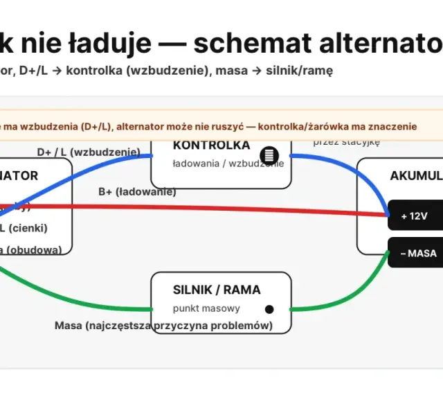 Schemat alternatora ciągnika. Objawy braku ładowania mogą wynikać z problemów z masą lub wzbudzeniem.