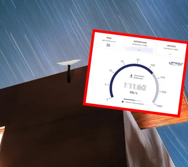 Antena satelitarna Starlink na dachu, obok ekran z testem prędkości internetu pokazującym 171 Mb/s.