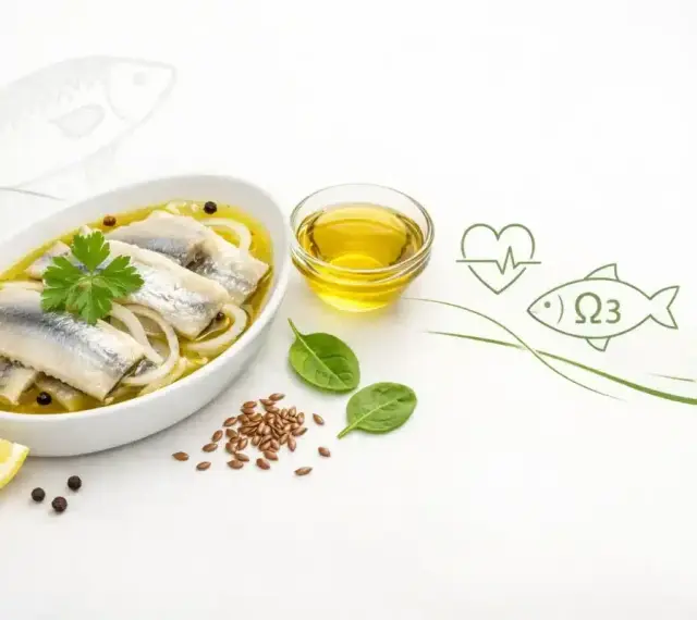 Śledzie w oleju, bogate w Omega-3, są zdrowe dla serca. Na talerzu śledzie z cebulą, cytryną i ziołami.