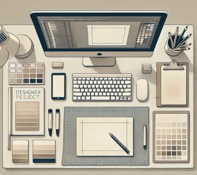Biurko grafika: monitor, klawiatura, myszki, tablet graficzny, próbki kolorów, lampka. Idealne miejsce do pracy nad wzornictwem.