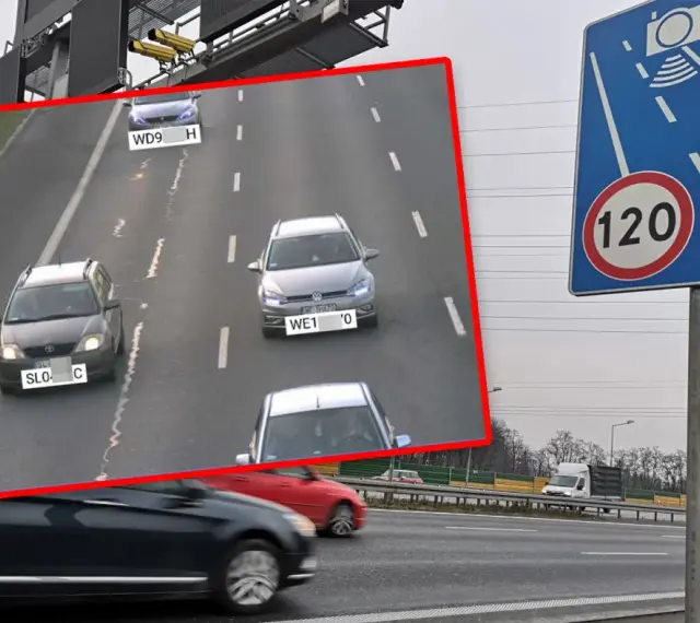 Znak ograniczenia prędkości do 120 km/h i fotoradar. Na nagraniu z kamery widać samochody na drodze, które mogą otrzymać mandat z fotoradaru.