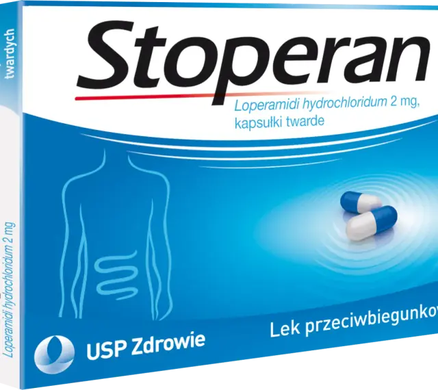 Opakowanie leku Stoperan, zawierające 8 kapsułek twardych. Na niebieskim tle widnieje schemat układu pokarmowego i dwie kapsułki.