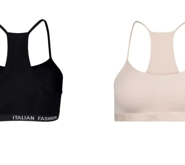 Czarny i beżowy biustonosz sportowy z napisem "ITALIAN FASHION". Idealny pierwszy biustonosz dla młodej kobiety.