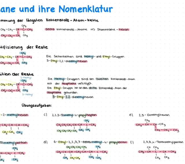 Alkane: Bestimmung der längsten Kohlenstoffkette, Identifizierung von Resten und deren Position. Übungsaufgaben zur Benennung von Alkanen.