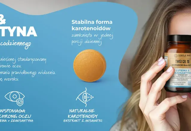 Uśmiechnięta kobieta trzyma suplement diety z luteiną i zeaksantyną, wspierający zdrowie oczu.