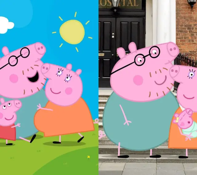 Rodzina Świnki Peppy: tata Świnka, mama Świnka, Peppa, George i niemowlę. Przyjaciele Peppy, ich imiona to: Suzy Owca, Danny Pies, Rebecca Królik.