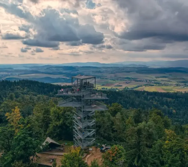 Nowoczesna trójgarb wieża widokowa góruje nad lasem, oferując zapierający dech w piersiach widok na pagórkowaty krajobraz.