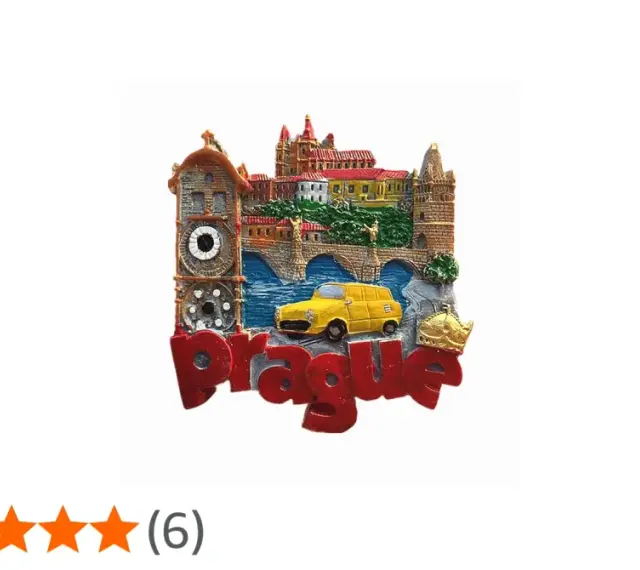 Magnes z widokiem Pragi, mostem, żółtym samochodem i napisem "Prague". Zastanawiasz się, ile kosztuje magnes w Pradze?