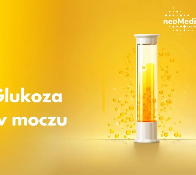 Biały napis "Glukoza w moczu" na żółtym tle. Obok probówka z żółtym płynem i pęcherzykami.