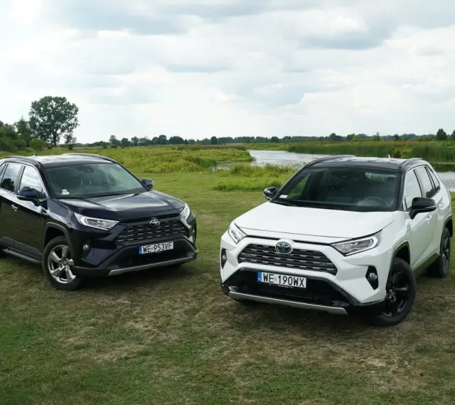 Dwa SUV-y: ciemny i biały Toyota RAV4 hybryda, stoją na łące nad jeziorem.