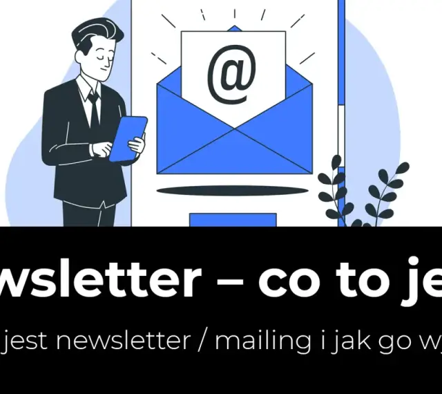 Ilustracja wyjaśnia, newsletter co to jest. Mężczyzna z tabletem patrzy na ikonę koperty z symbolem @.