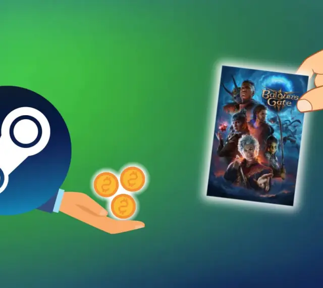 Ręka trzyma okładkę gry Baldur's Gate, a obok logo Steam i monety symbolizujące zwrot gry.