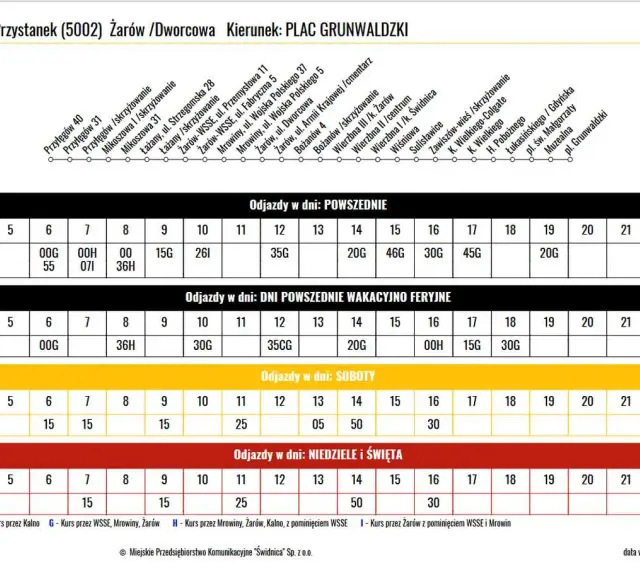 MPK Świdnica rozkład jazdy autobusu linii 315 do Placu Grunwaldzkiego. Tabela pokazuje odjazdy w dni powszednie, wakacyjne, soboty, niedziele i święta.