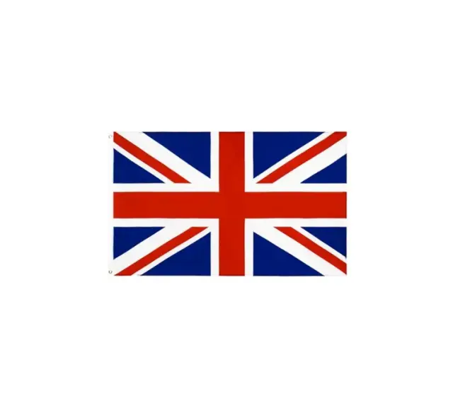 Flaga Wielkiej Brytanii: białe tło, na nim Union Jack z czerwonym krzyżem i białymi pasami na niebieskim tle.