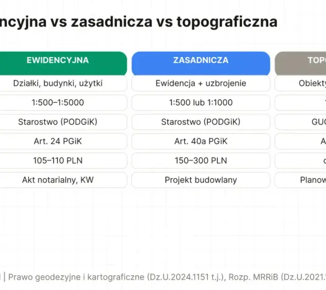 Porównanie map: ewidencyjna (działki, budynki, skala 1:500-1:5000, prowadzona przez starostwo) vs zasadnicza vs topograficzna.