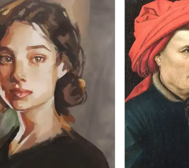 Portrait d'une jeune femme et d'un homme au turban rouge, deux peintures à l'huile ou acrylique juxtaposées.