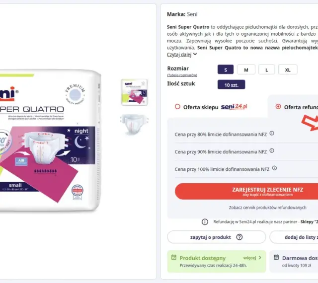Pieluchomajtki Seni Super Quatro w rozmiarze S, opakowanie zawiera 10 sztuk. Cena z refundacją NFZ 100% to 7,20 zł.