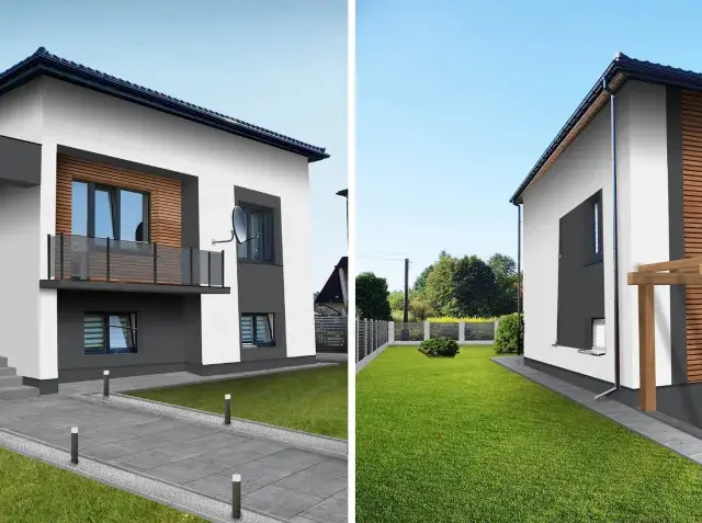 Nowoczesny projekt elewacji starego domu z drewnianymi akcentami i betonowymi elementami.