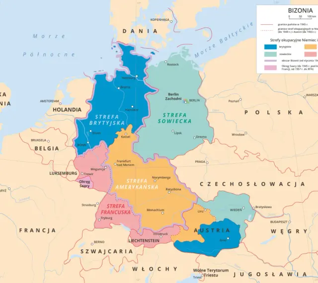 Niemcy i Austria podzielone na strefy: brytyjską, amerykańską, francuską i sowiecką. Różnice w podziale po II wojnie światowej.
