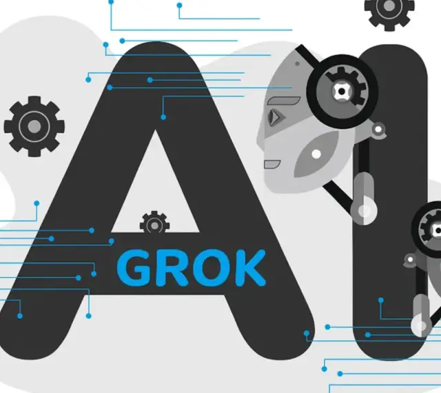 Grafika przedstawia litery "AI" z robotycznymi twarzami i zębatkami. W środku litery "A" widnieje napis "GROK", sugerujący, że to właśnie grok co to jest, czyli sztuczna inteligencja.