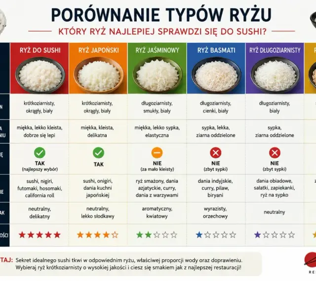 Jaki ryż do sushi? Porównanie typów ryżu: krótkoziarnisty, japoński, jaśminowy, basmati, długoziarnisty, brązowy. Idealny do sushi jest ryż krótkoziarnisty.