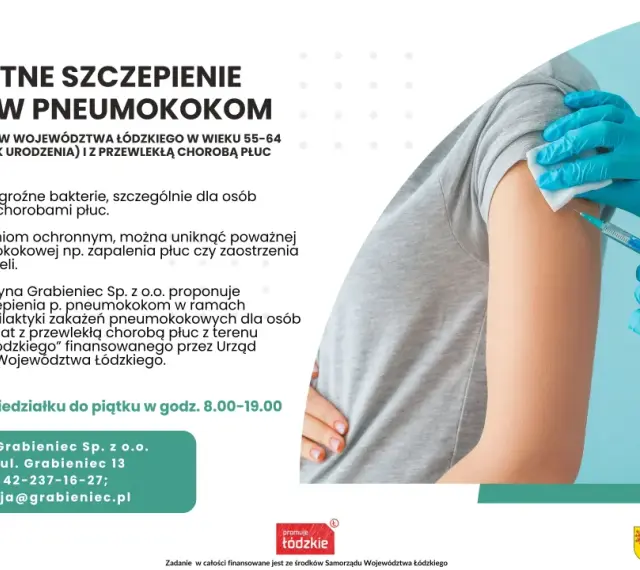 Bezpieczne szczepienie przeciw pneumokokom dla mieszkańców woj. łódzkiego 55-64 lat z chorobami płuc. Zapisy na bezpłatną pneumokoki szczepionkę.