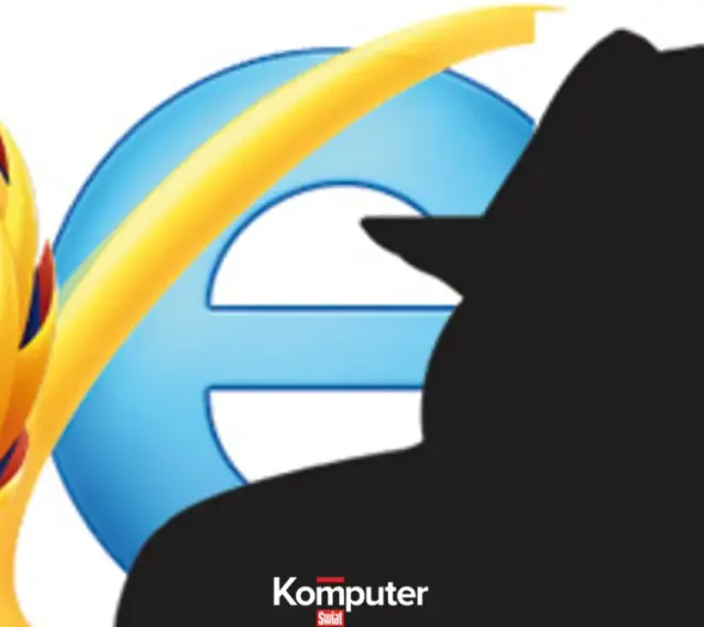 Sylwetka detektywa na tle ikon przeglądarek Firefox, Internet Explorer i Chrome. Czas włączyć tryb incognito.