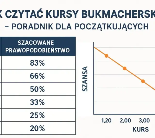Tabela i wykres wyjaśniają, co to jest bukmacher i jak czytać kursy bukmacherskie. Pokazują zależność między kursem a szacowanym prawdopodobieństwem.