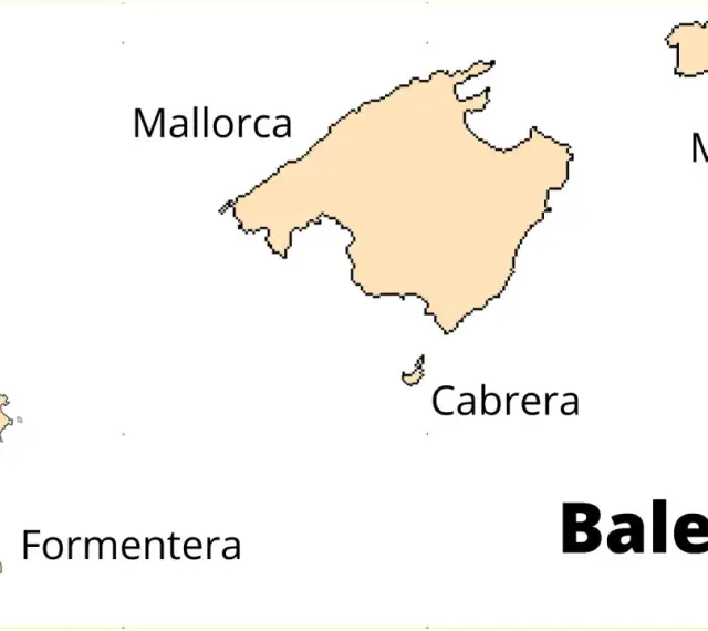 Mapa Balearów z zaznaczonymi wyspami: Majorka, Minorka, Ibiza, Formentera i Cabrera.