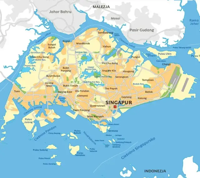 Mapa pokazuje, gdzie leży Singapur, otoczony przez Malezję i Indonezję, z licznymi wyspami i cieśninami.
