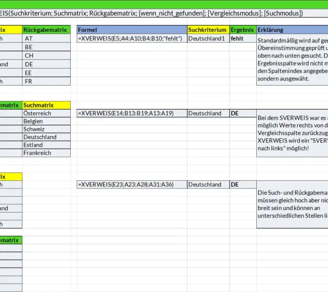 Excel-Tabellen zeigen Beispiele für die XVERWEIS-Funktion, die Suchkriterien und Matrizen verwendet, um Daten zu finden.