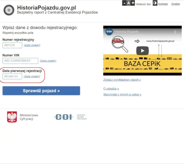 Pole "Data pierwszej rejestracji" w dowodzie pojazdu. Wpisz datę w formacie dd.mm.rrrr.