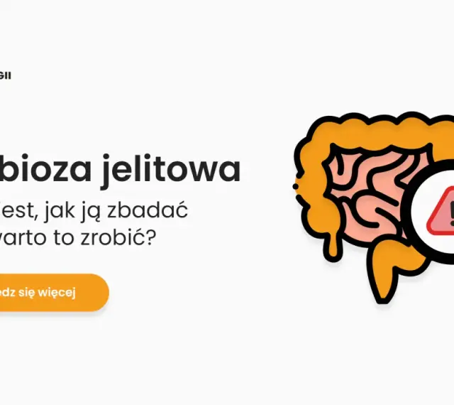 Grafika przedstawia jelita pod lupą z symbolem ostrzeżenia, sugerując problem dysbiozy jelitowej.