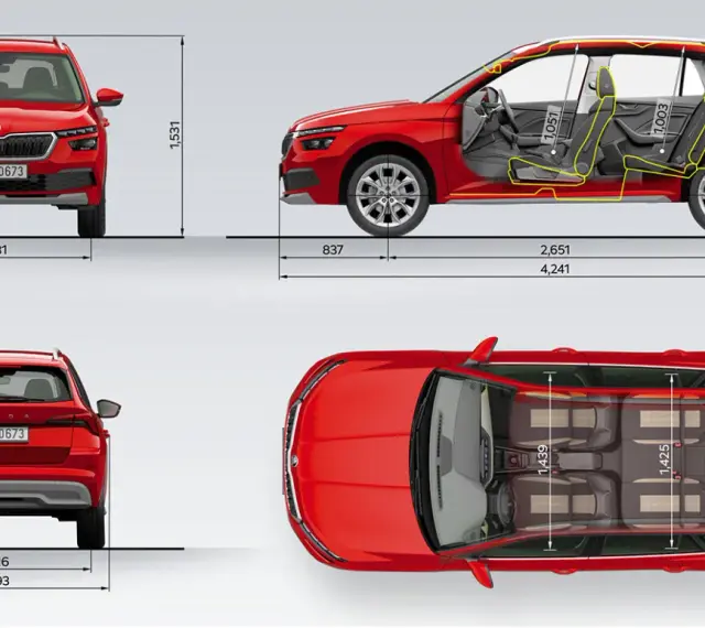 Skoda Kamiq wymiary: widok z przodu, boku, tyłu i z góry z zaznaczonymi wymiarami wnętrza i nadwozia.