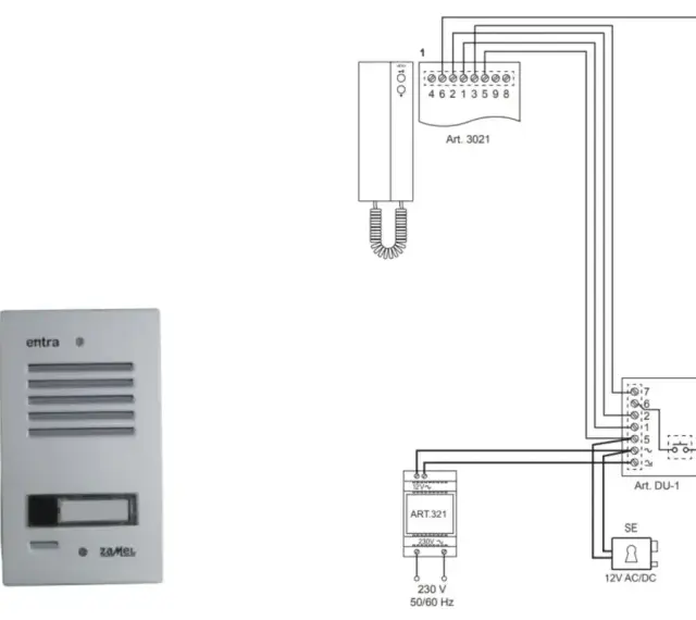 Schemat instalacji domofonowej z unifonem i panelem zewnętrznym. Podpowiada, jaki kabel do domofonu wybrać, pokazując połączenia z zasilaczem.