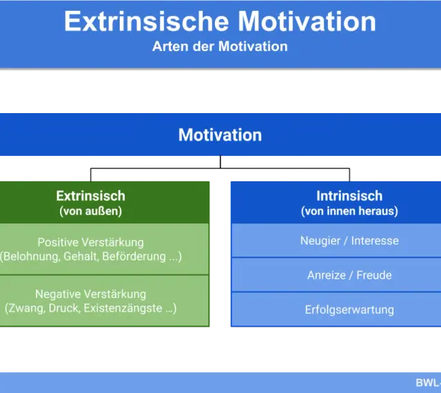 Diagramm zeigt Motivation, aufgeteilt in extrinsisch (von außen, z.B. Belohnung) und intrinsisch (von innen, z.B. Neugier).