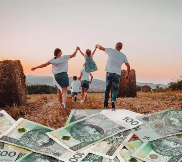 Rodzina biegnie przez pole ku zachodzącemu słońcu, a pod stopami leżą banknoty 100 zł. Wniosek 800 plus do kiedy?