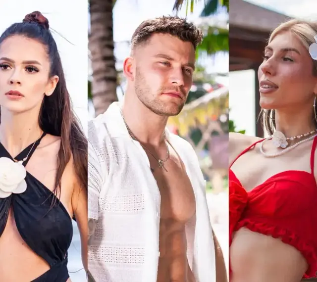 Trzy osoby na tle tropikalnego hotelu. Kobieta w czarnym stroju kąpielowym, mężczyzna w białej koszuli i kobieta w czerwonym bikini. Hotel Paradise 12.