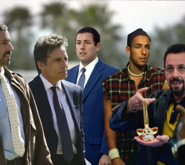 Adam Sandler w swoich kultowych rolach z filmów. Widać go w różnych stylizacjach, od eleganckiego garnituru po luźniejszy strój z naszyjnikiem.