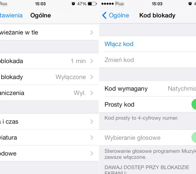 Ustawienia telefonu, sekcja "Ogólne". Widoczny jest "Kod blokady" ustawiony na "Wyłączone". To pierwszy krok, by dowiedzieć się, jak wyłączyć blokadę ekranu.