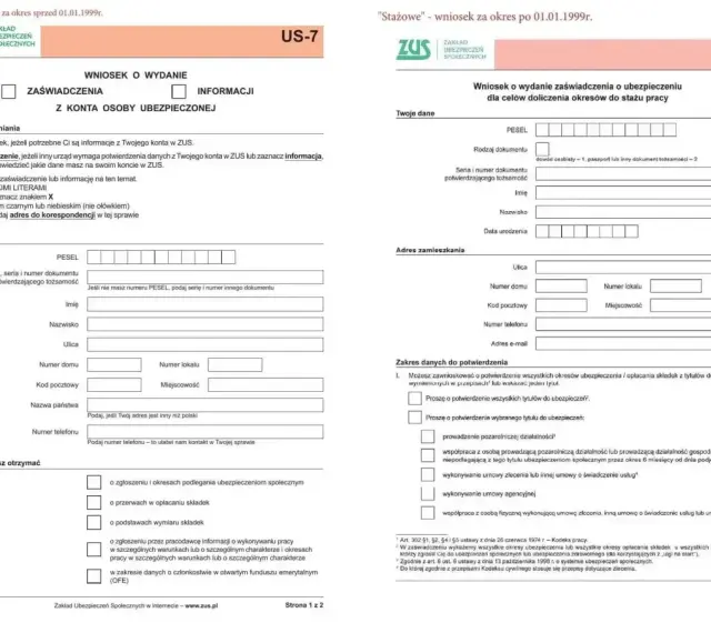Wniosek o wydanie zaświadczenia o ubezpieczeniu dla celów doliczenia okresów do stażu pracy. Wypełnij formularz ZUS US-7.