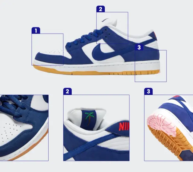 Szukasz informacji, jak sprawdzić numer katalogowy Nike? Zobacz zbliżenia na buty: przód (1), język z palmą (2) i podeszwę (3).