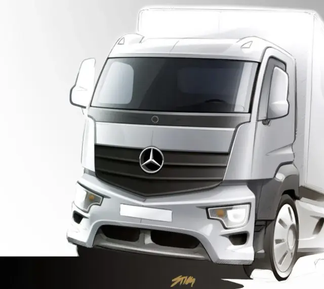 Szkic koncepcyjny ciężarówki Mercedes Antos z charakterystyczną atrapą chłodnicy i logo.