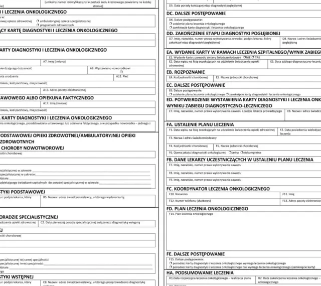 Karta diagnostyki i leczenia onkologicznego zawiera dane pacjenta, rozpoznanie, plan leczenia i dalsze postępowanie.