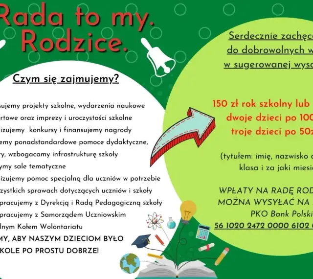 Rada rodziców działa na rzecz uczniów: finansuje projekty, organizuje konkursy, kupuje pomoce dydaktyczne i dba o dobro dzieci w szkole.