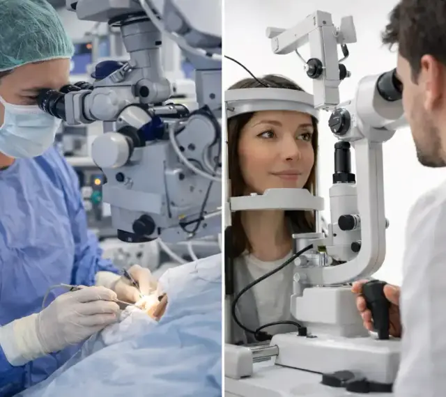 Optometrysta to specjalista od wzroku. Na zdjęciu widzimy go podczas operacji oka i badania wzroku pacjentki.