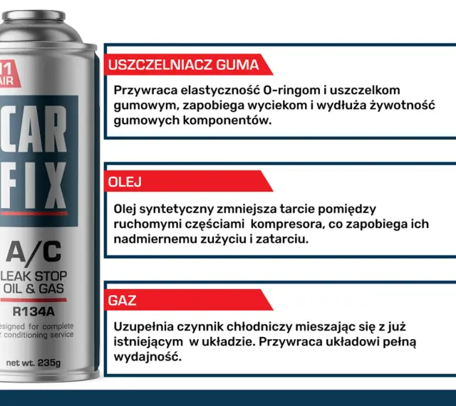 Olej syntetyczny do klimatyzacji R134a. Zmniejsza tarcie w kompresorze, zapobiegając jego zużyciu.