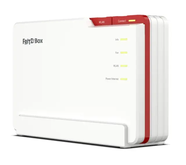 Biały router FRITZ!Box z czerwonymi akcentami, z zapalonymi diodami sygnalizującymi status, w tym qos.