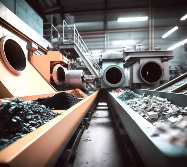Linia produkcyjna przetwarza surowce, przygotowując je do tworzenia tworzyw chemoutwardzalnych. Widać tam różne rodzaje proszków i fragmentów materiałów.